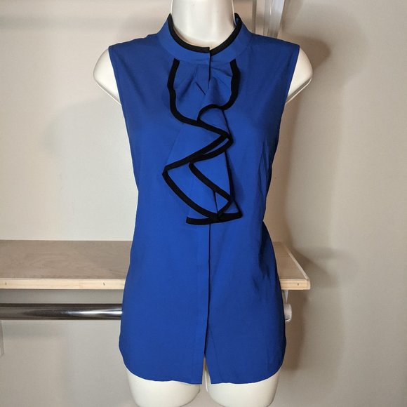 Calvin Klein Cerulean with Black Hem Detail Button Down Sleeveless Blouse - Picture 2 of 5